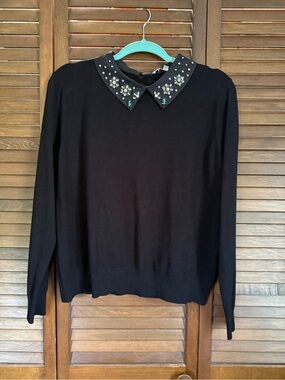 Sioni Black Jeweled Collar Crewneck Sweater